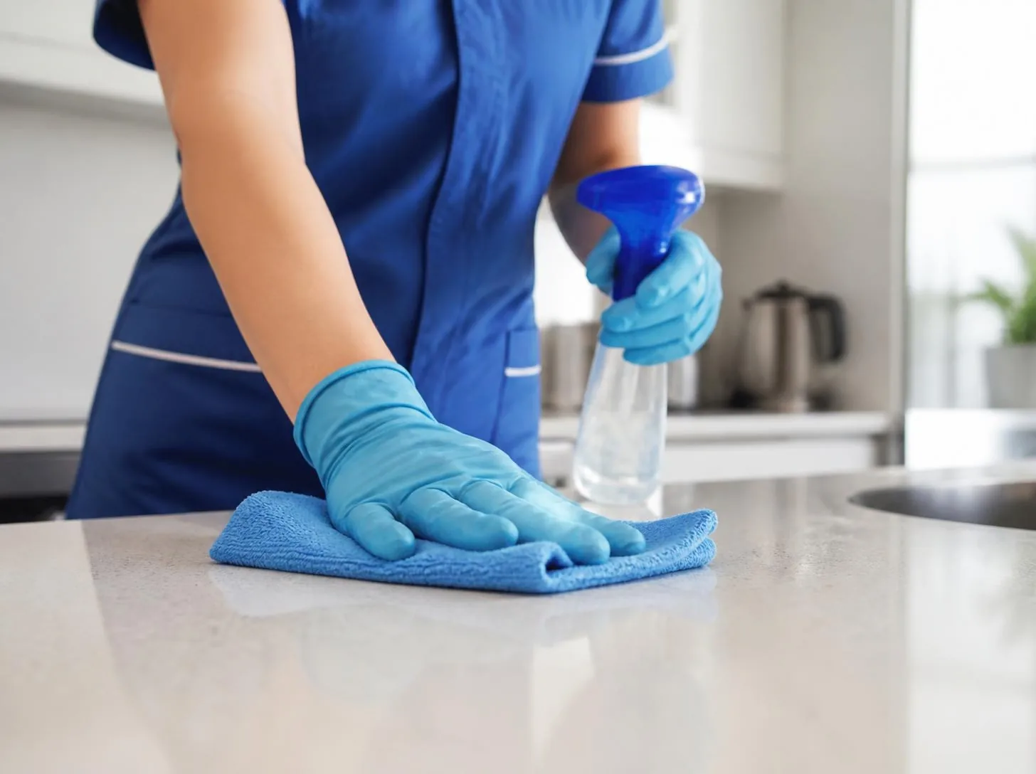 Cleaner in blue uniform wiping a kitchen counter with a microfibre cloth