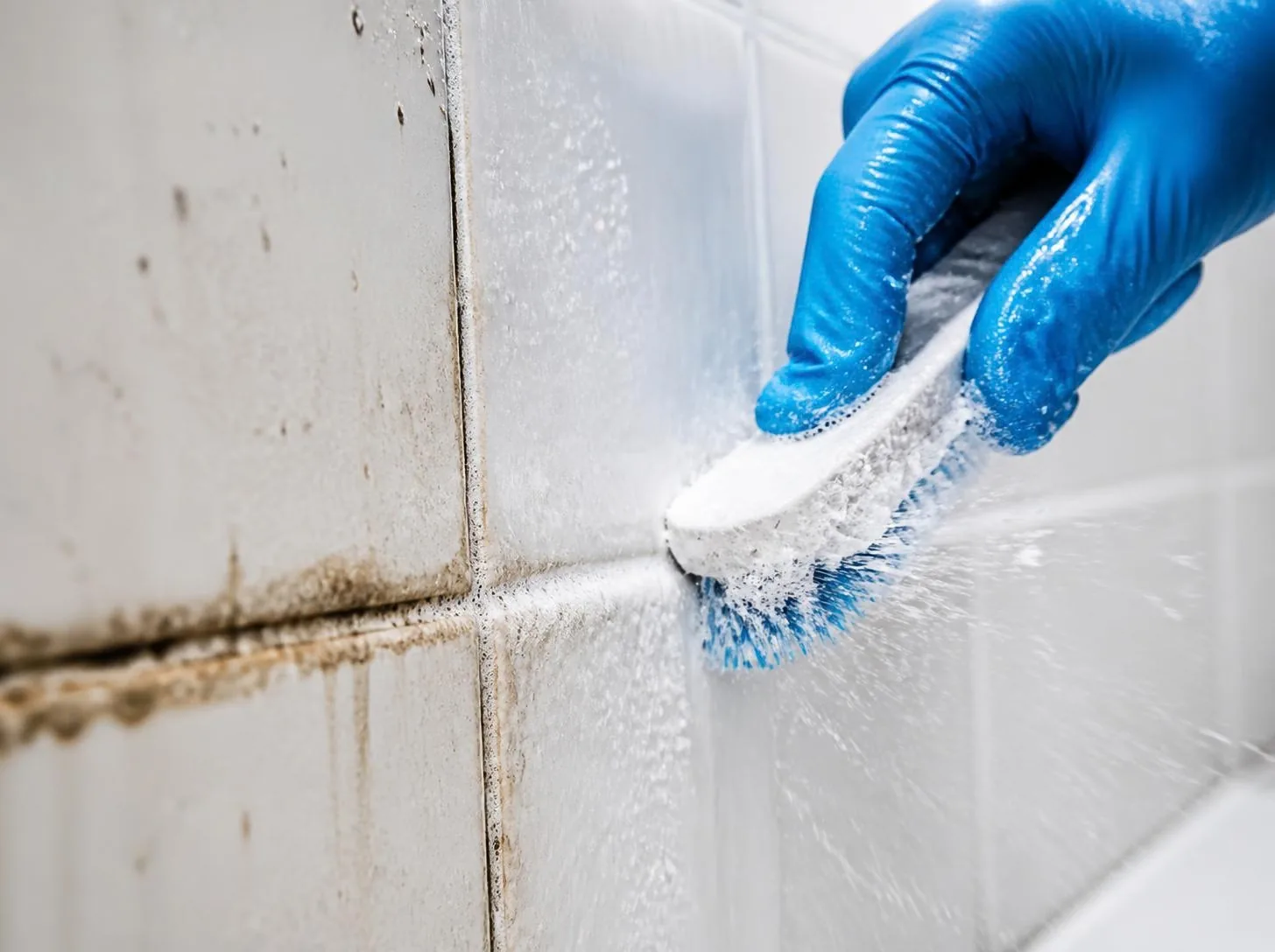 Gloved hands scrubbing bathroom grout lines with a brush and soap suds