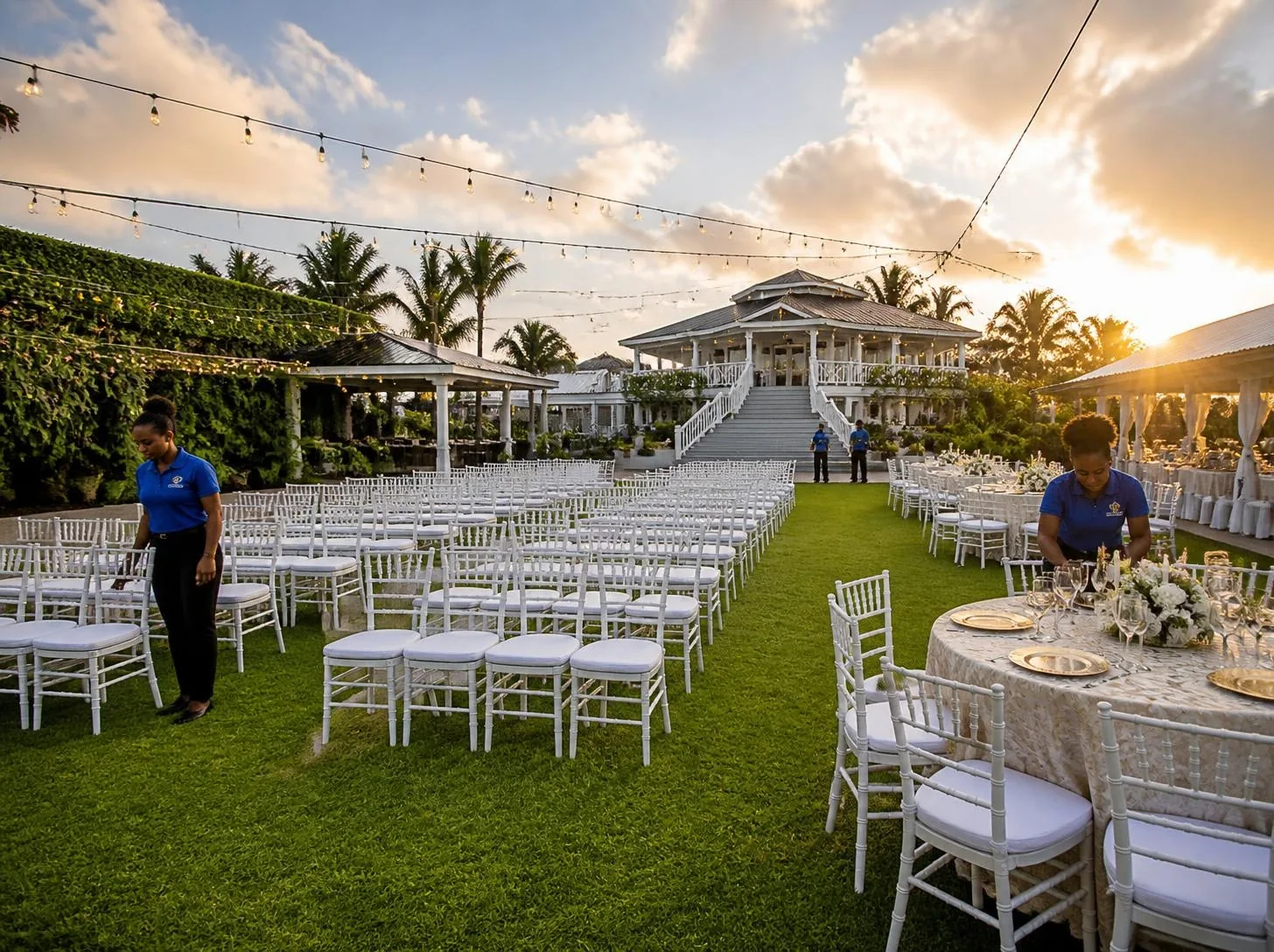 Elegant Guyanese event venue with white chairs on a green lawn after cleaning