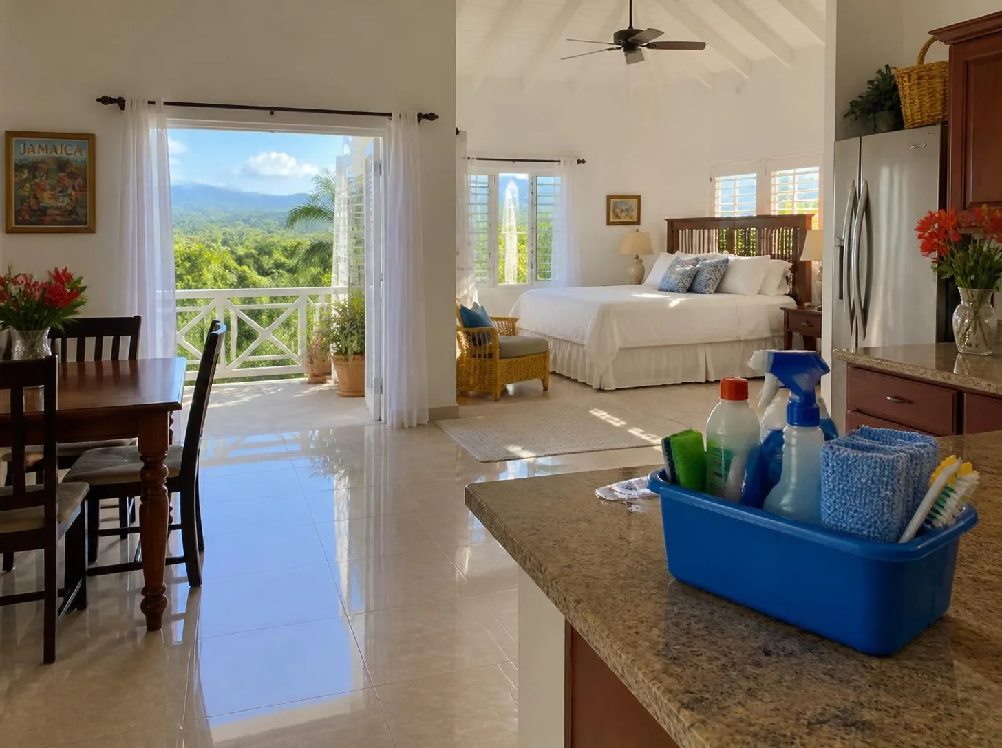 Sunlit Caribbean home interior, fully cleaned with made beds and gleaming floors