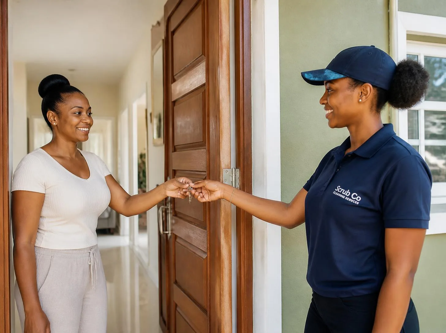 Smiling Guyanese homeowner receiving the keys to her freshly cleaned home from a Scrub Co cleaner