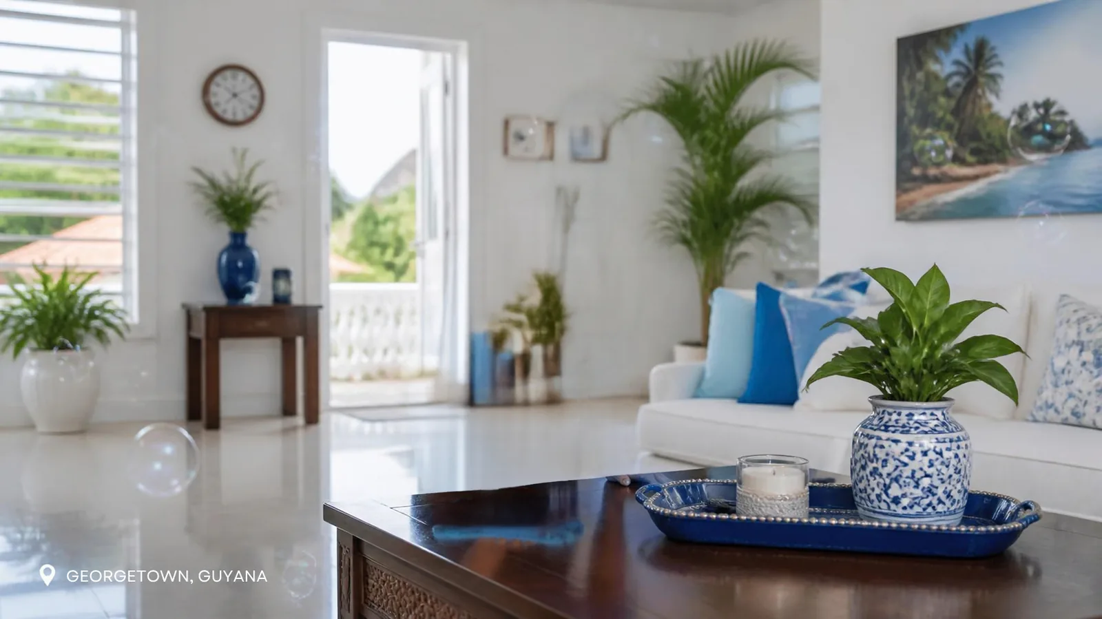 Bright, airy Caribbean living room in Georgetown, Guyana, just after a professional Scrub Co clean