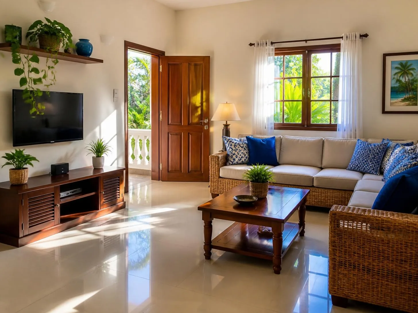 Fully cleaned Caribbean living room with white sofas and blue cushions