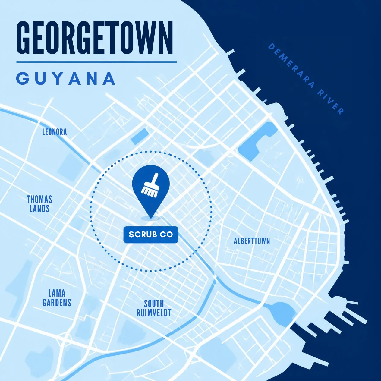 Stylised service-area map of Georgetown, Guyana marked with the Scrub Co base