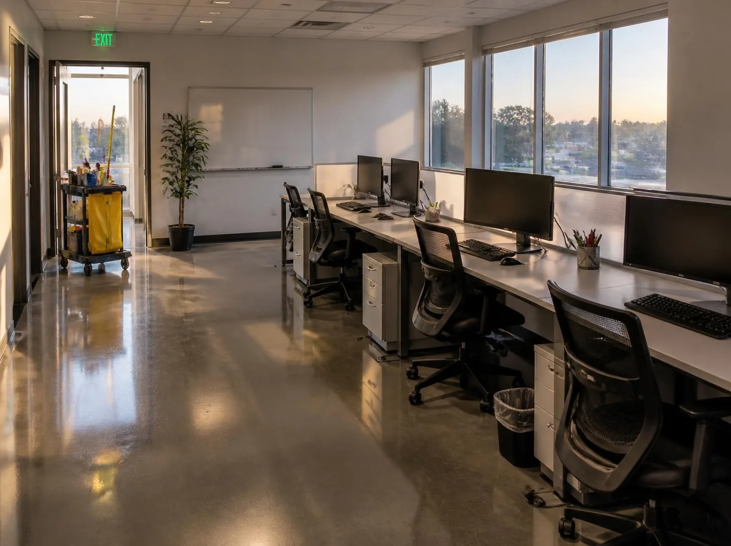 Spotless modern office at dawn with aligned monitors and a cleaning cart
