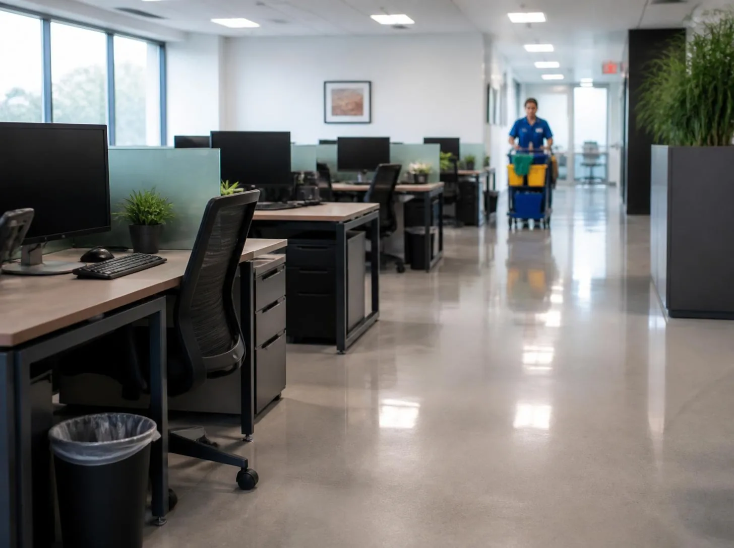 Modern small office after cleaning with wiped desks and a cleaning cart