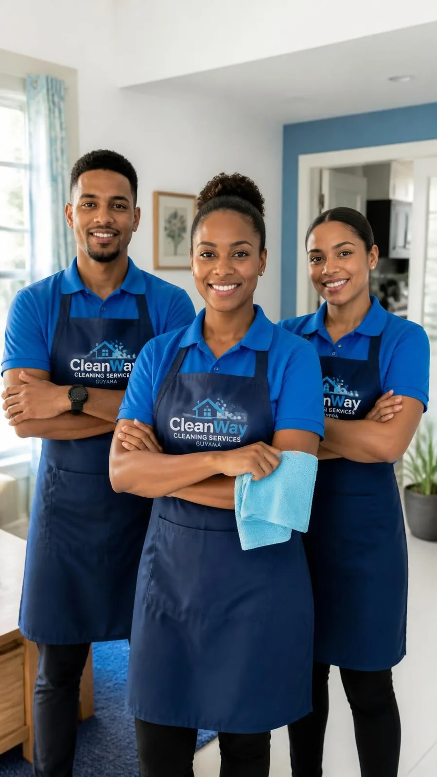 The Scrub Co cleaning team in matching blue polos, smiling in a spotless Guyanese home